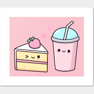 Kawaii Food Art with Strawberry Cake and Milkshake | Cute Design for Kawaii Lovers Posters and Art